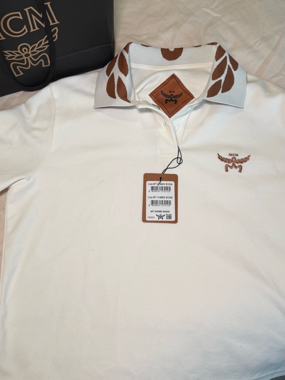 MCM White Polo with Brown Leaf-Pattern Collar